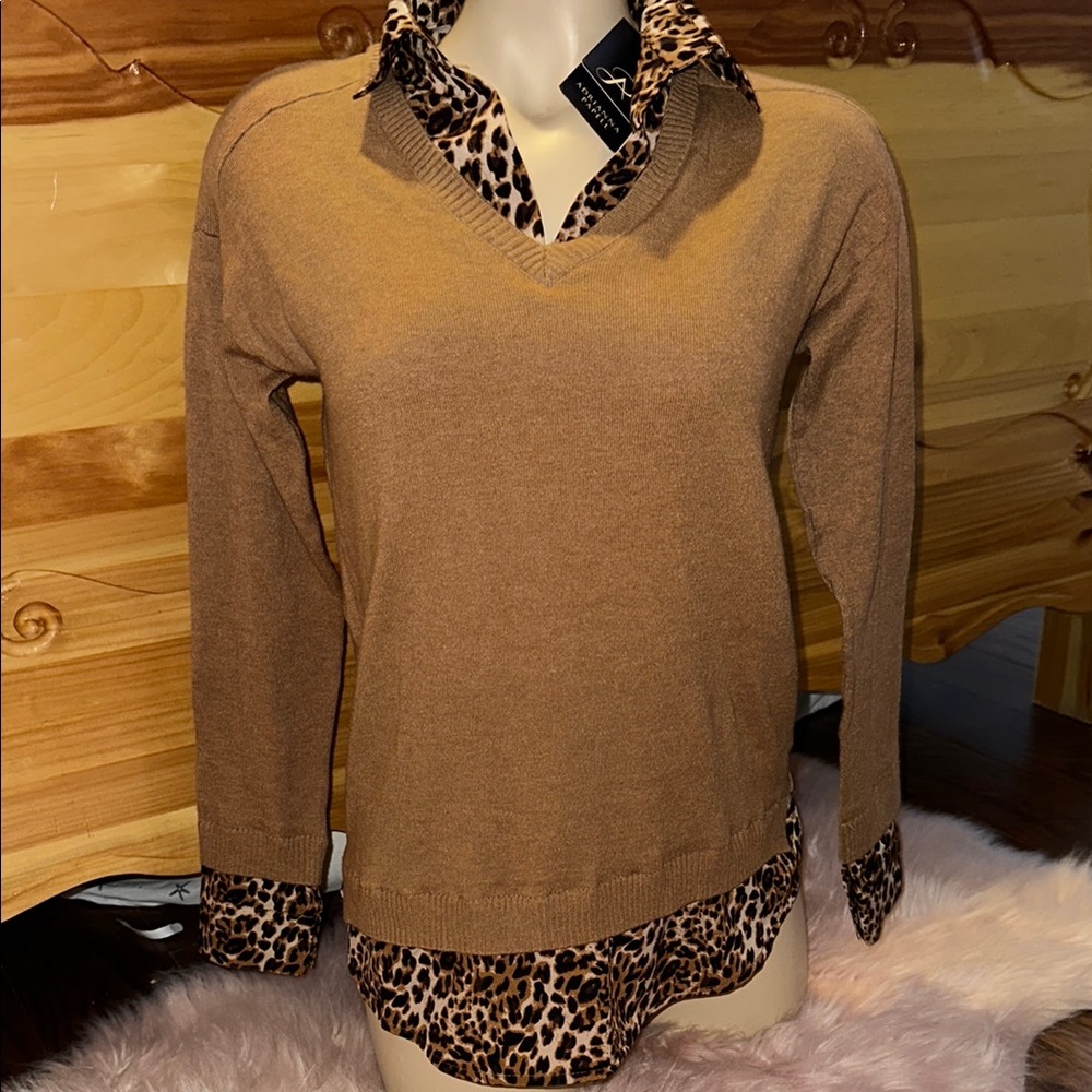 Leopard Print Layered Tan Sweater